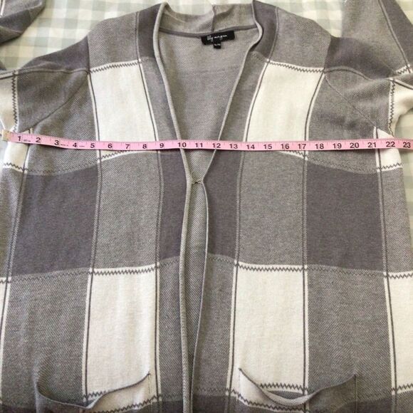 LONG duster long sweater Cardigan Robe plaid grey white pockets XL - Picture 9 of 14